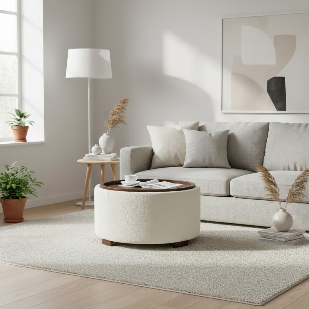 30 Inch Round Boucle Storage Ottoman P401154
