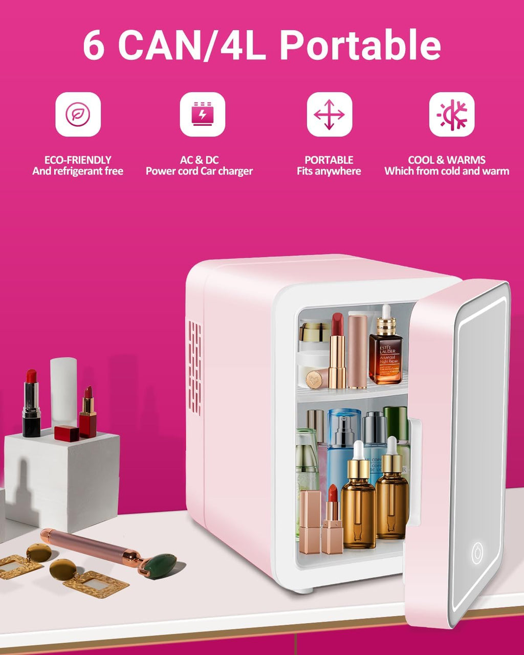 4-Liter Pink Portable Mini Fridge with Mirrored Door B6978