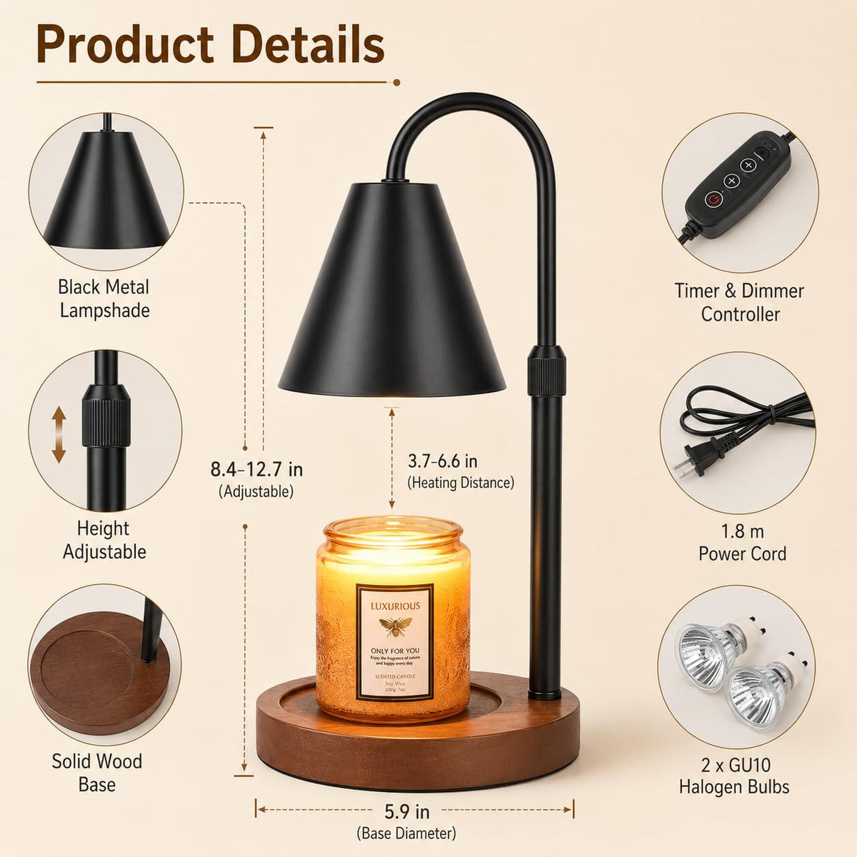Flameless Candle Warmer Lamp with Timer and Dimmer H459938