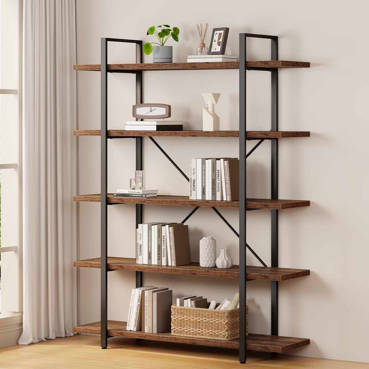 Rustic Brown 5 Shelf Wood Bookshelf M8673