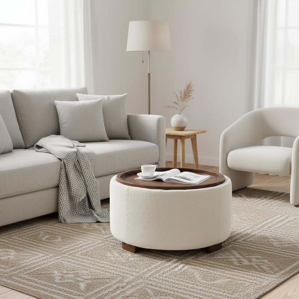 30 Inch Round Boucle Storage Ottoman P401154