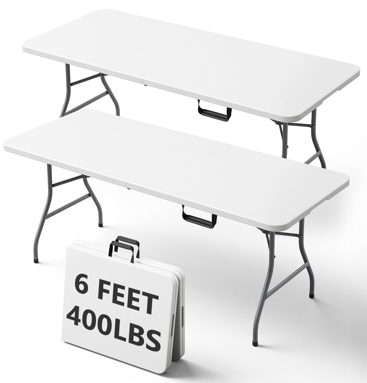 6FT Folding Table, Heavy Duty Plastic Utility Table with Handle, White, 2 Pack Q89985