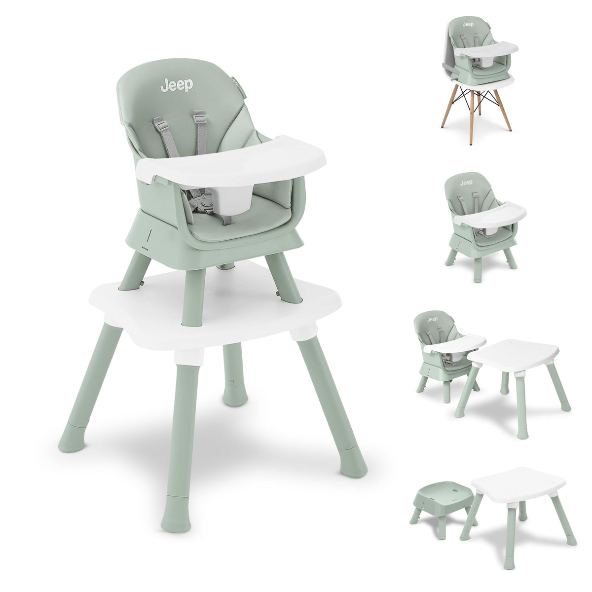 6-in-1 High Chair Converts to Stool Booster Seat Toddler Chair Activity Table and Desk and Chair Sage Green J144
