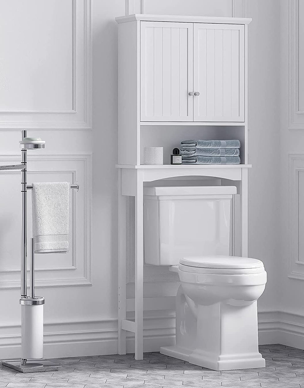 Over the Toilet Storage Cabinet with Doors, Adjustable Shelf, White Y75105