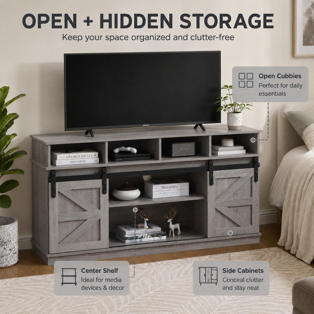 Grey TV Stand with Storage for 65 Inch TV N3695