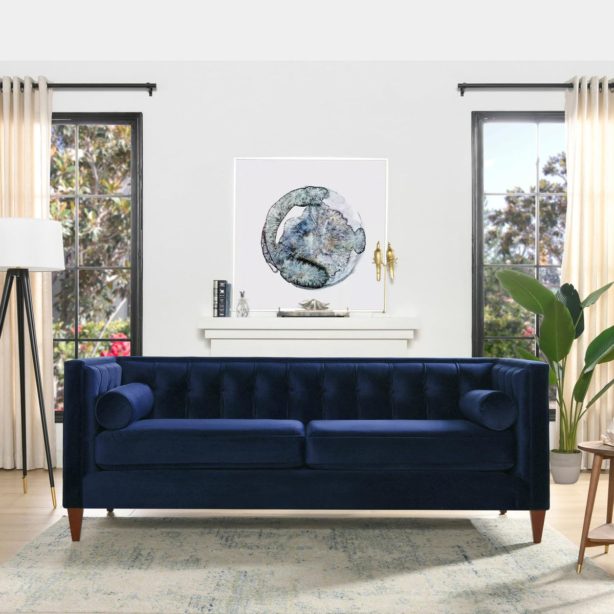 84" Tufted Navy Blue Velvet Sofa with Two Reversible Cushions Q64634