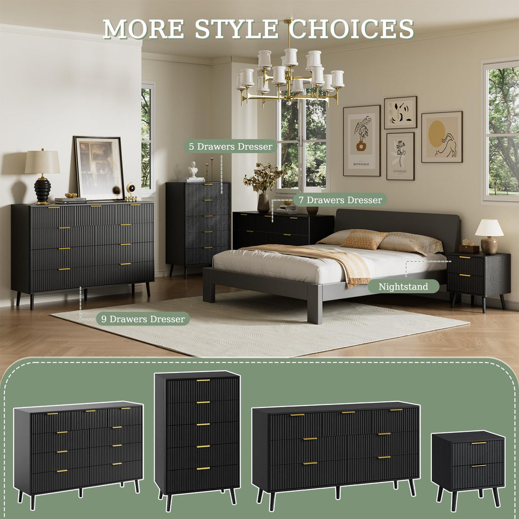 Black 9 Drawer Fluted Wood Dresser N273970