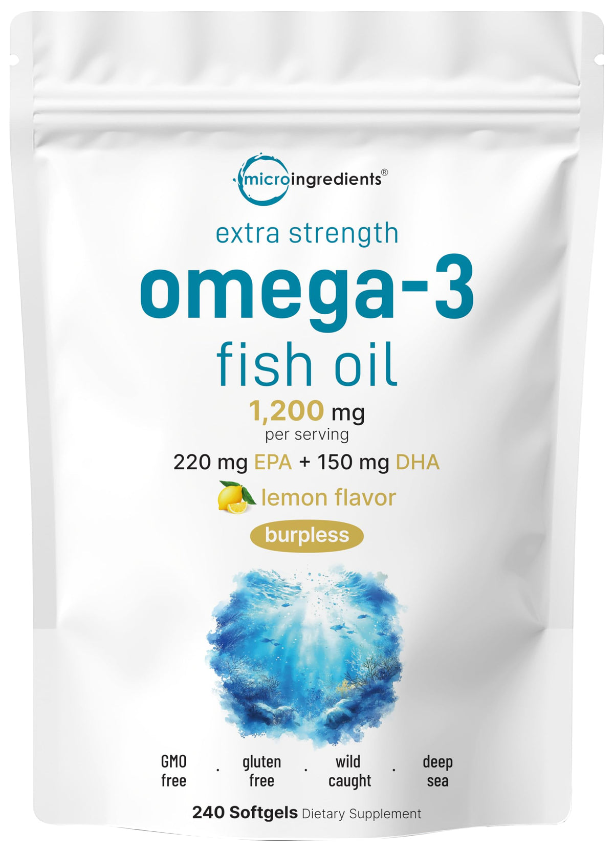 Omega 3 Fish Oil 1,200mg 240 Softgels Lemon Flavored Burpless EPA DHA A57919