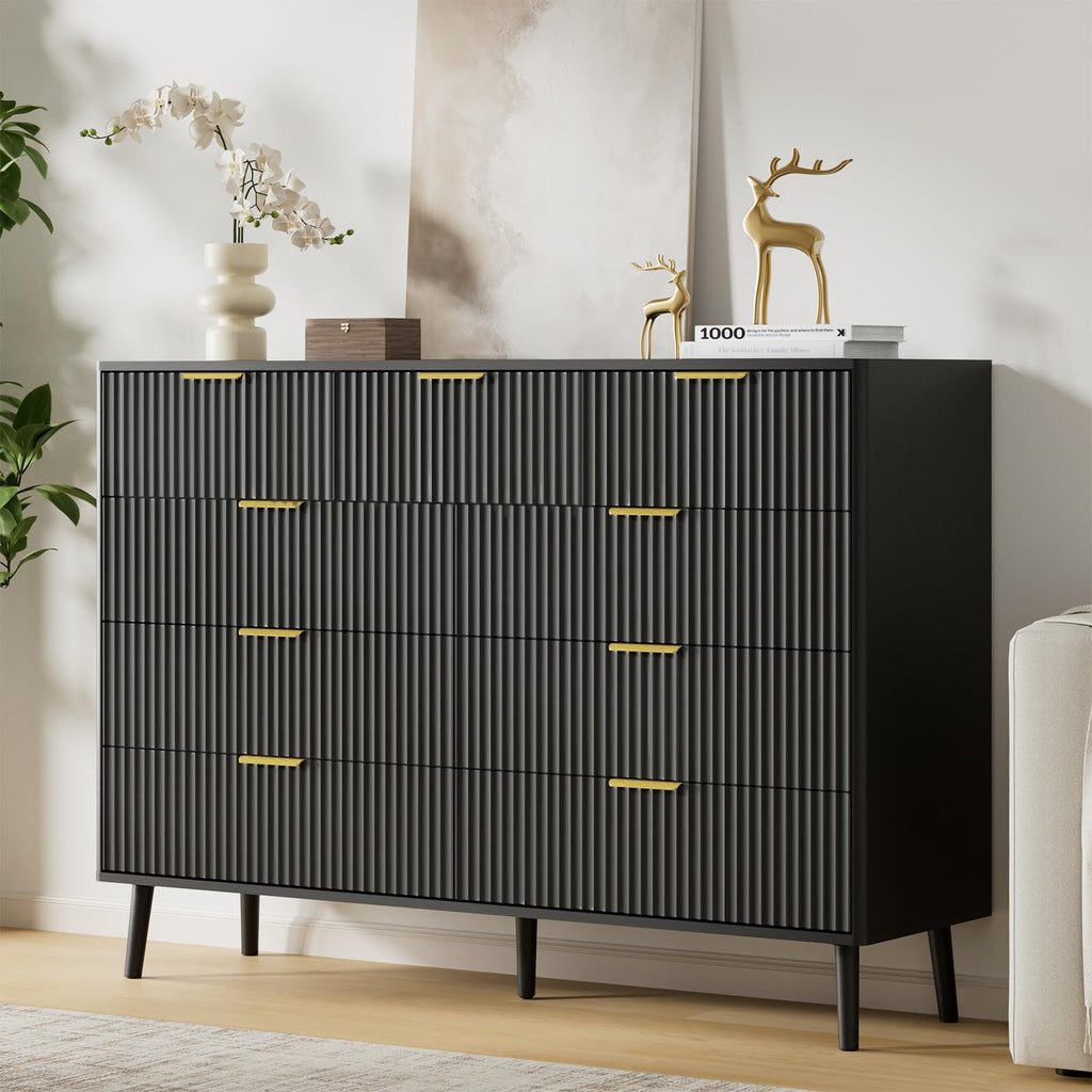 Black 9 Drawer Fluted Wood Dresser N273970