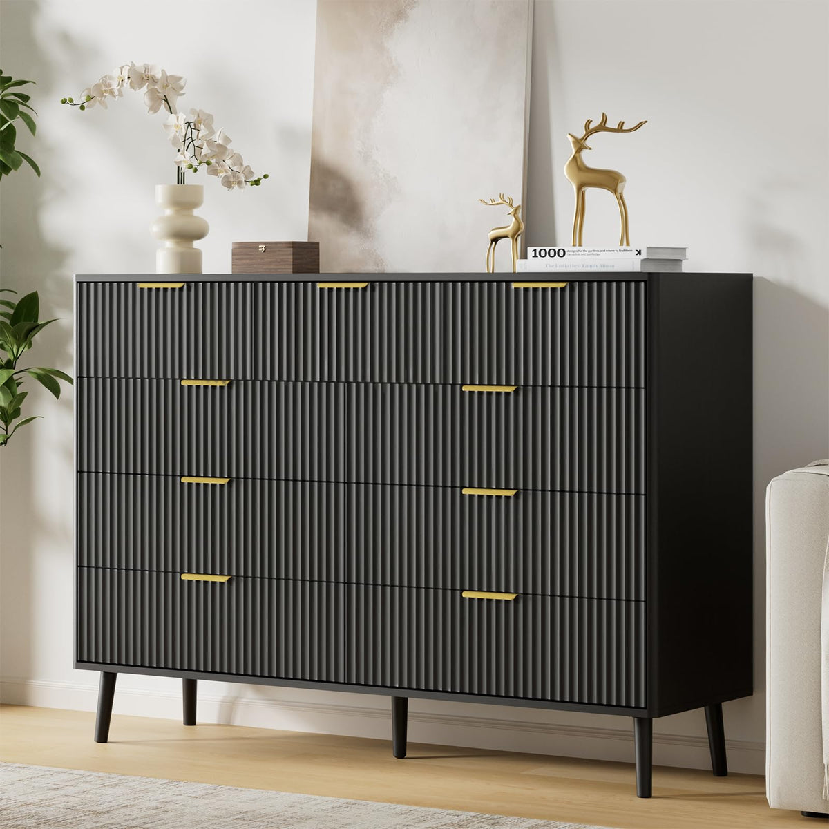 Black 9 Drawer Fluted Wood Dresser N273970