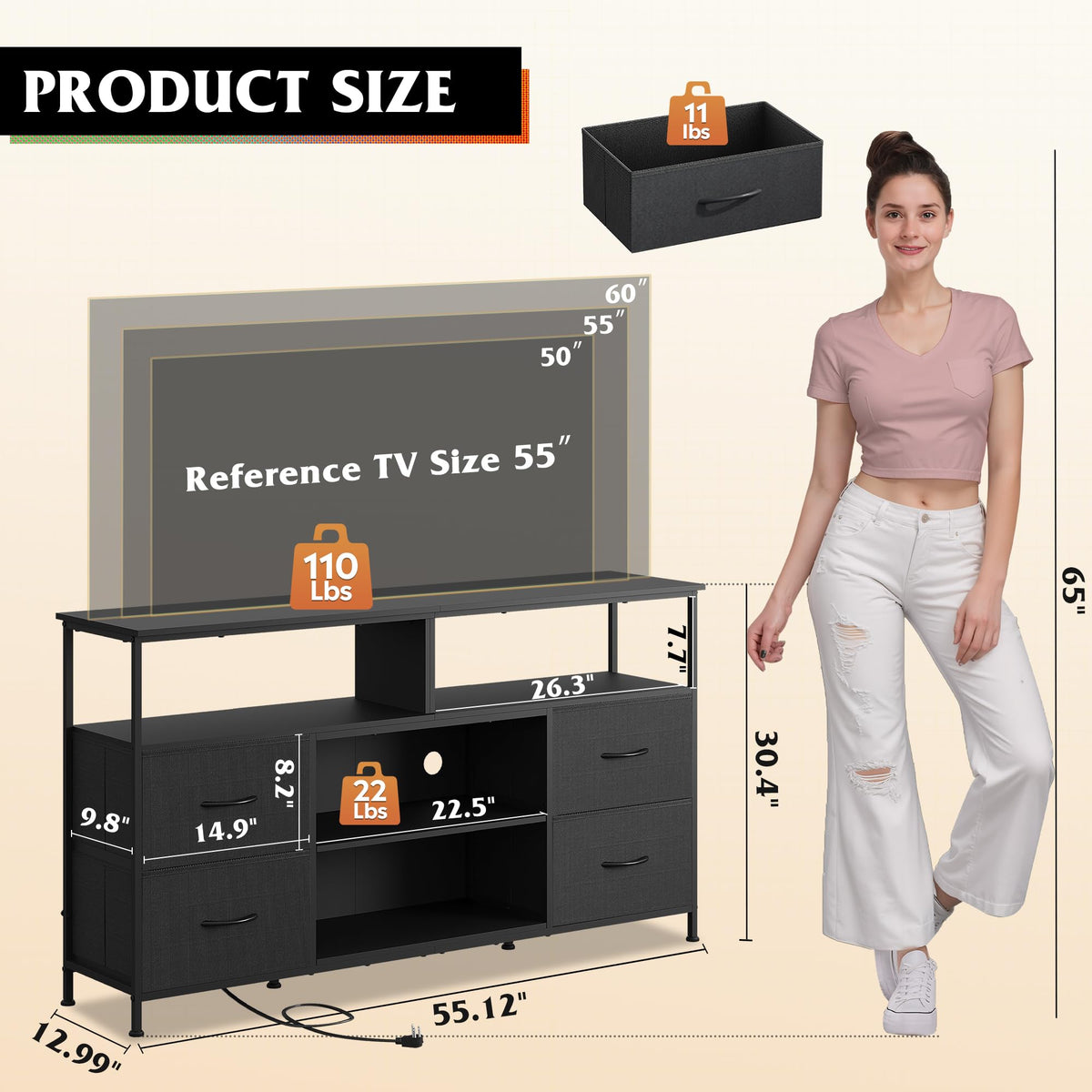 Black TV Stand Dresser with LED Lights and Fabric Drawers U32263