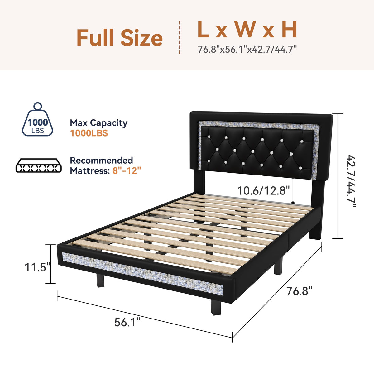 Floating Bed Frame Full with LED Lights W66886