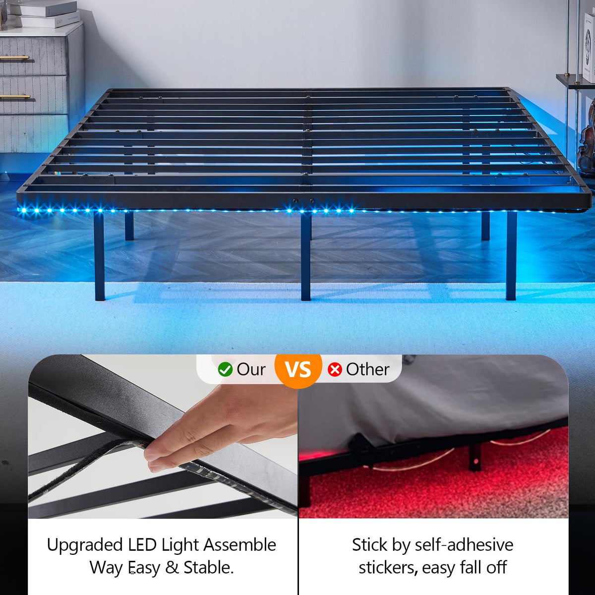 14 Inch Full Floating Bed Frame with USB Charging Station and LED Lights Q118473