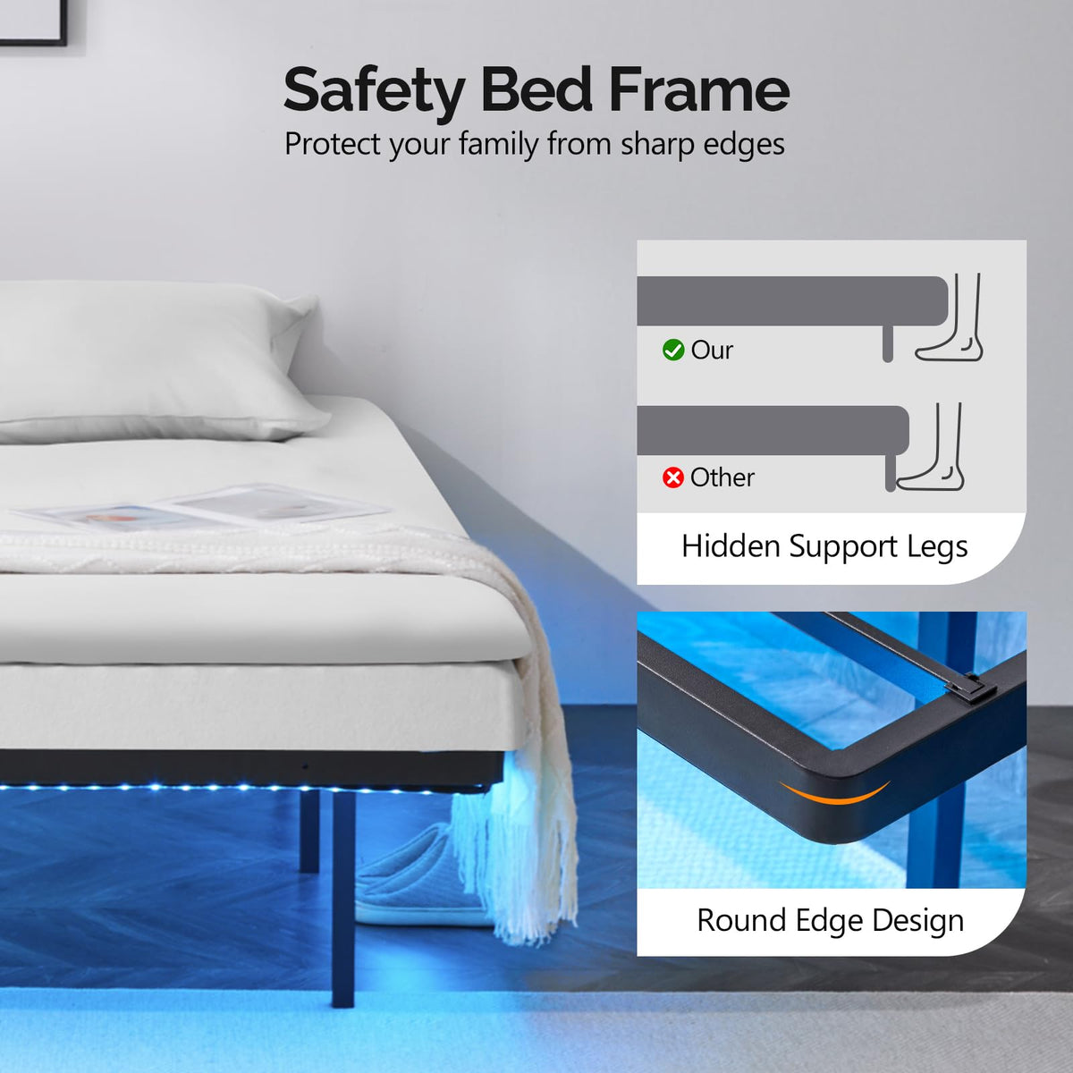 14 Inch Full Floating Bed Frame with USB Charging Station and LED Lights Q118473