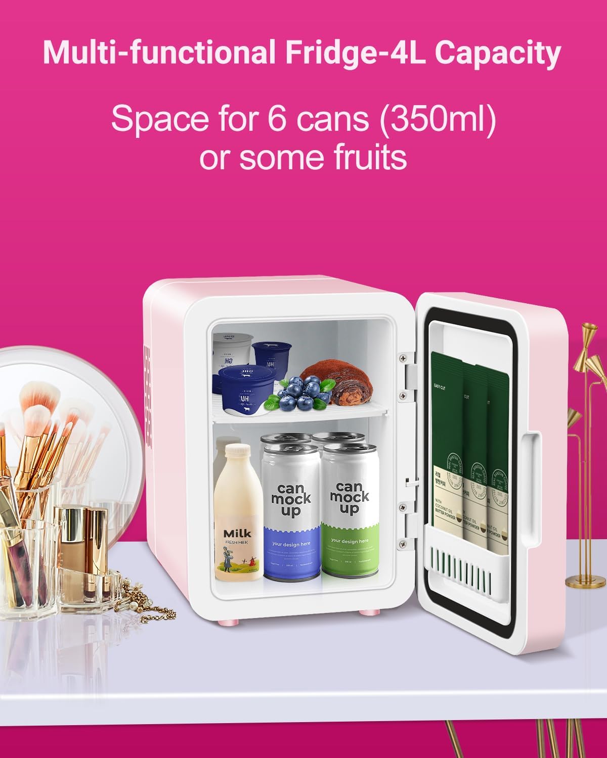 4-Liter Pink Portable Mini Fridge with Mirrored Door B6978