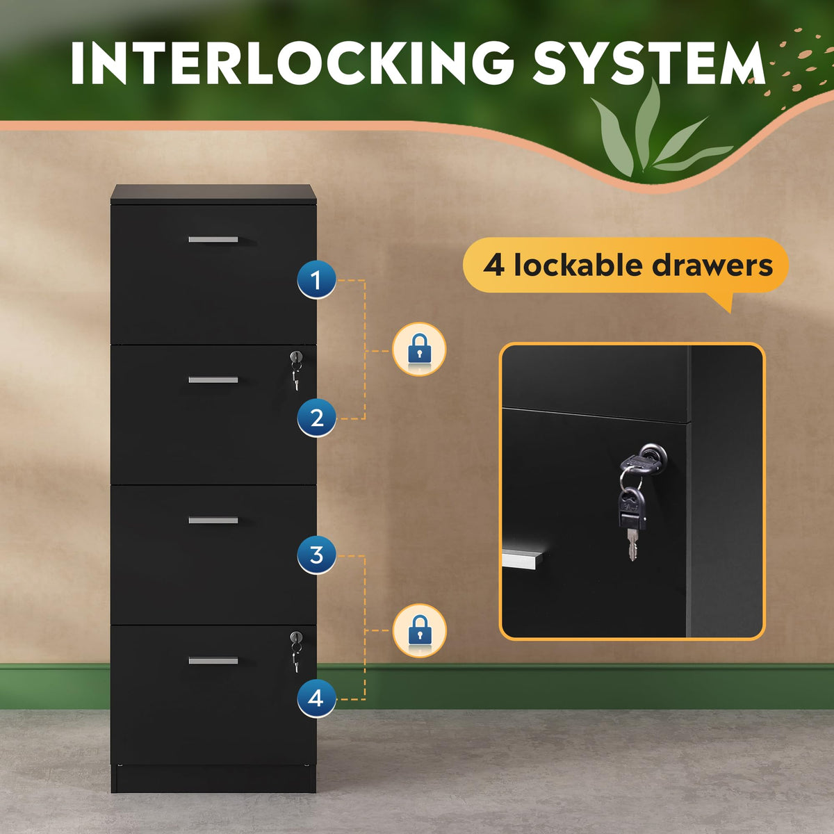 4 Drawer Wood File Cabinet with Lock O44089
