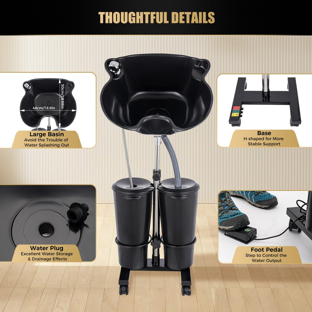 Portable Shampoo Bowl with Electric Pump, 2 Water Buckets, Height Adjustable C756