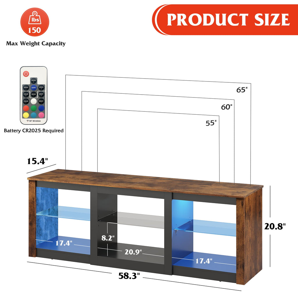 Rustic Brown 58-Inch TV Stand with Adjustable Glass Shelves N5060
