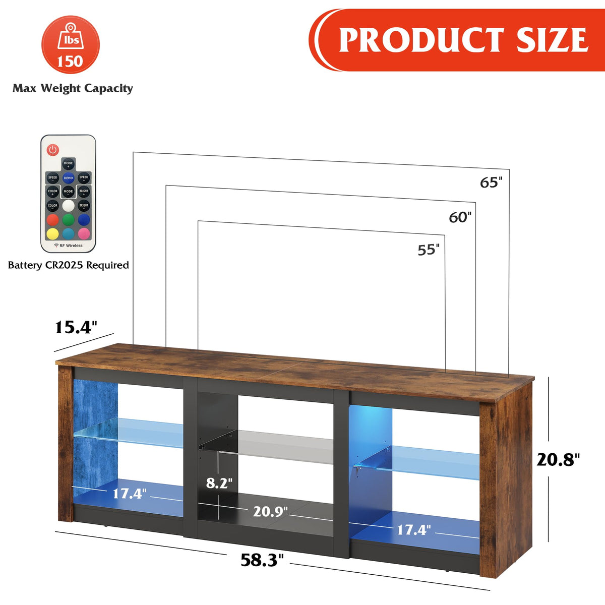 Rustic Brown 58-Inch TV Stand with Adjustable Glass Shelves N5060