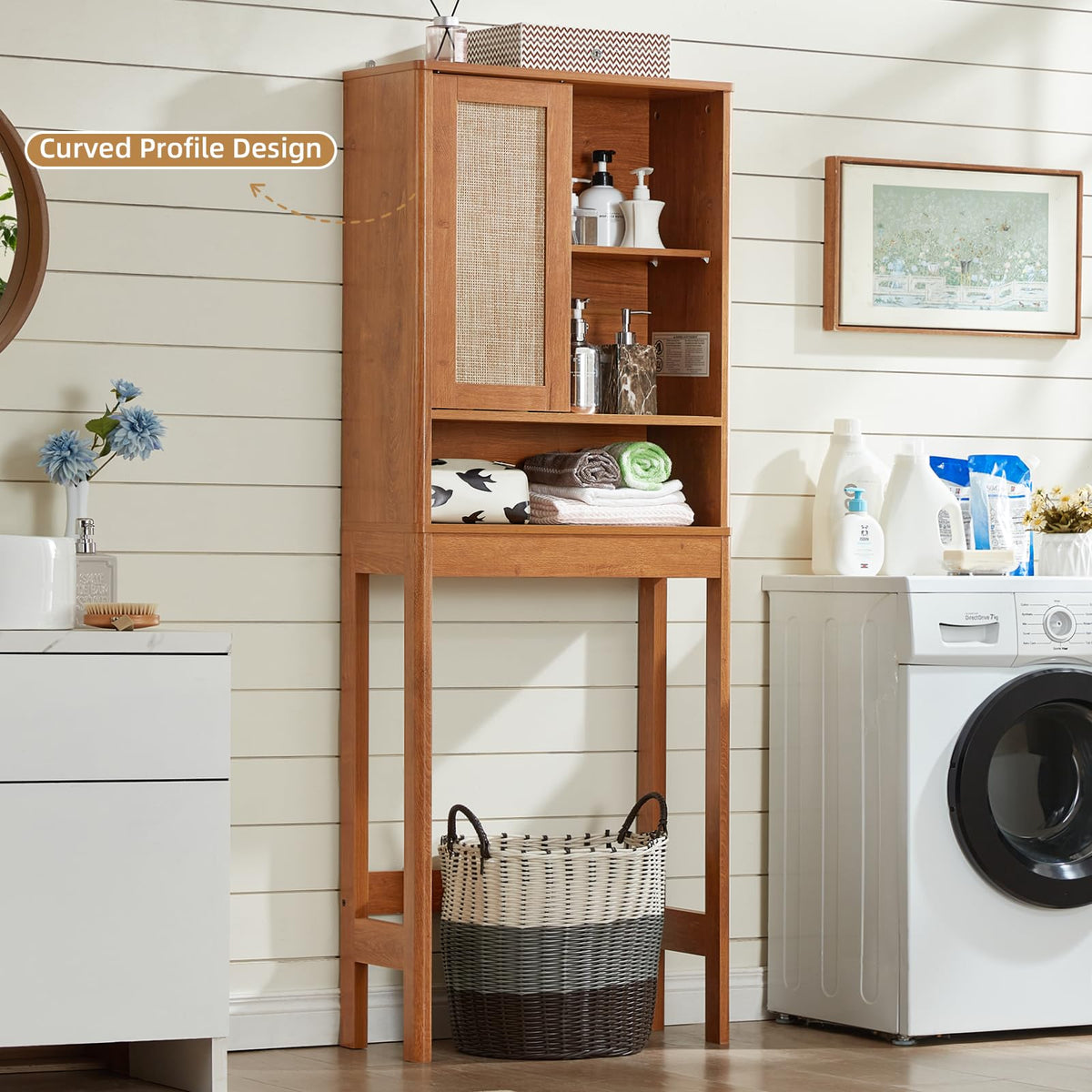 68" Over the Toilet Storage Cabinet with Rattan Sliding Door Y301