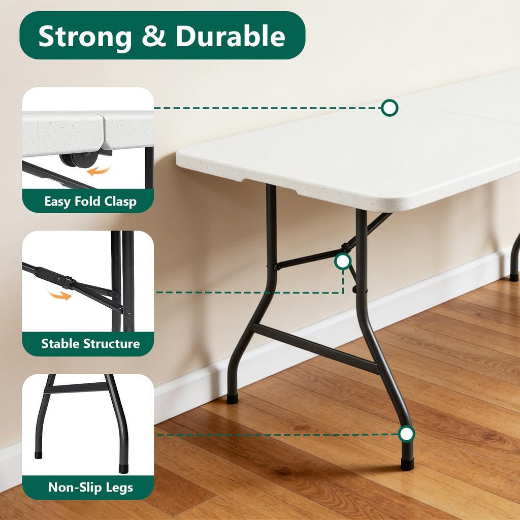 6FT Folding Table, Heavy Duty Plastic Utility Table with Handle, White, 2 Pack Q89985