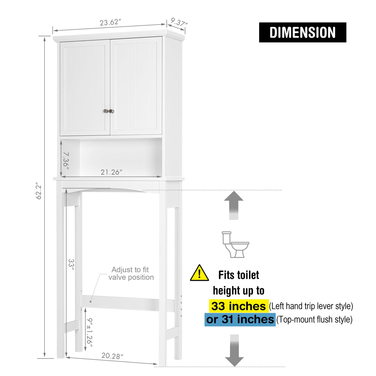 Over the Toilet Storage Cabinet with Doors, Adjustable Shelf, White Y75105