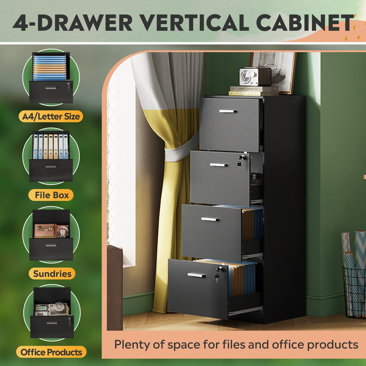 4 Drawer Wood File Cabinet with Lock O44089