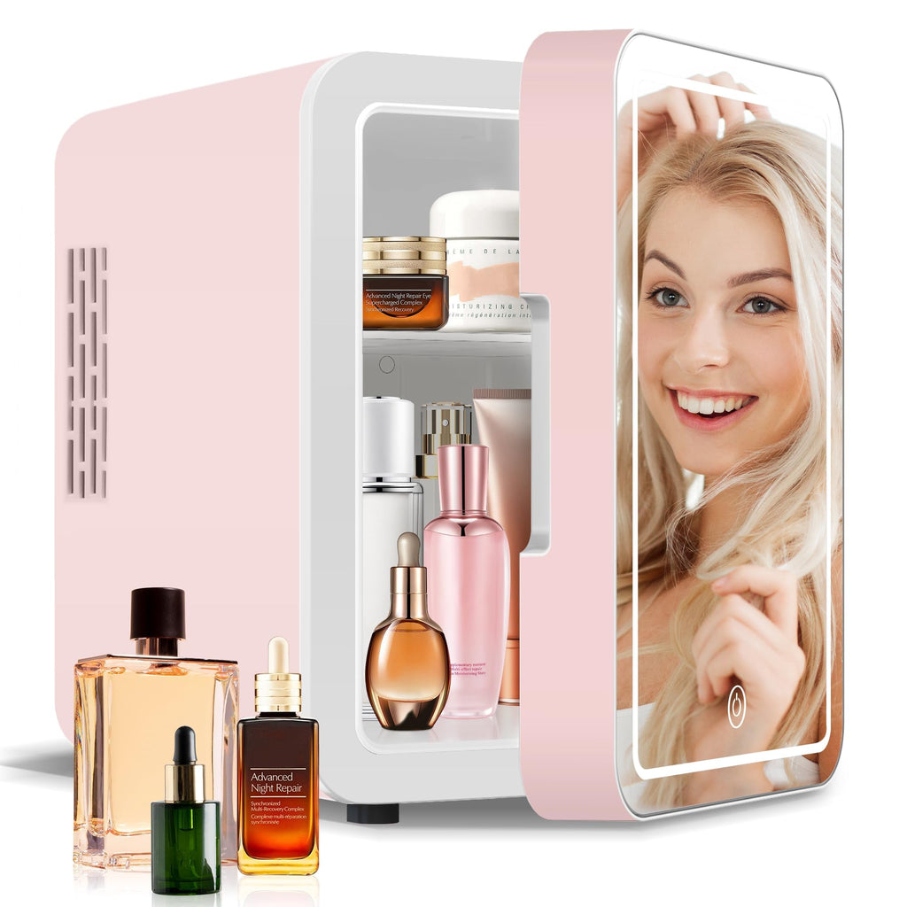 4-Liter Pink Portable Mini Fridge with Mirrored Door B6978