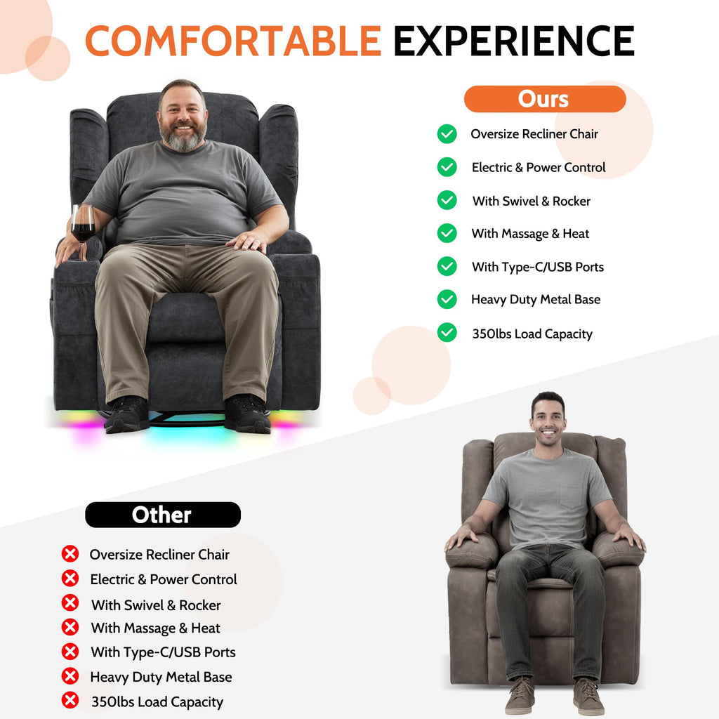 Velvet Gray Power Swivel Rocker Recliner Chair with Massage & Heat J178652