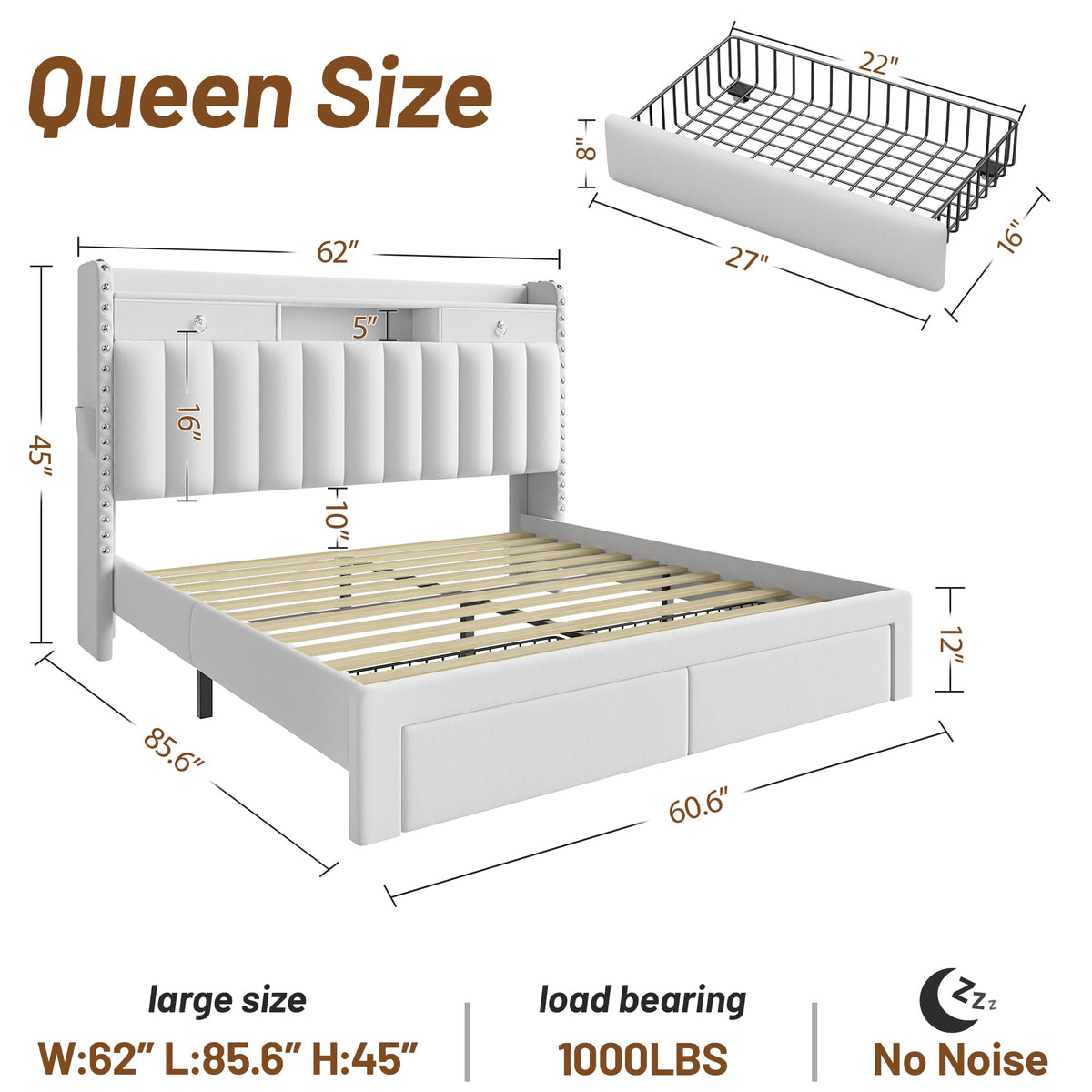 Queen Bed Frame with Storage Headboard and 4 Drawers M780273