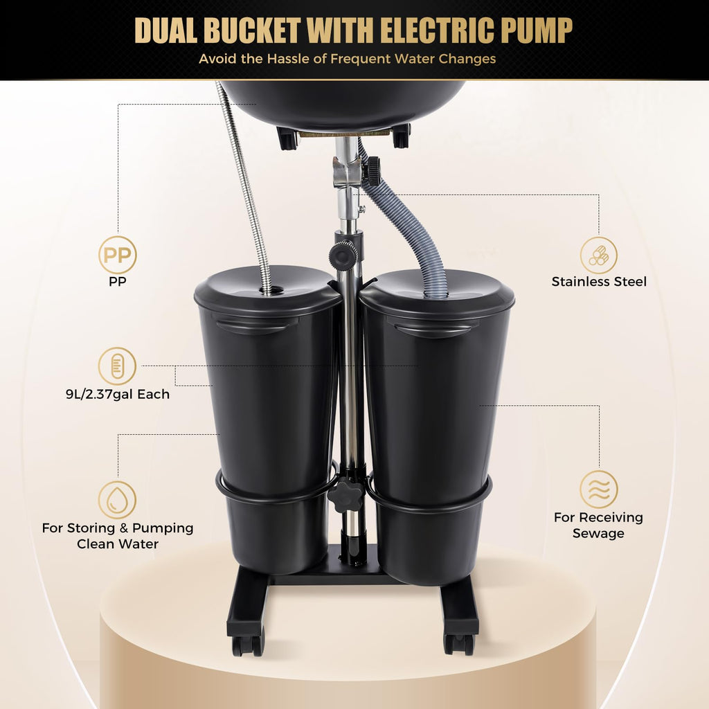 Portable Shampoo Bowl with Electric Pump, 2 Water Buckets, Height Adjustable C756