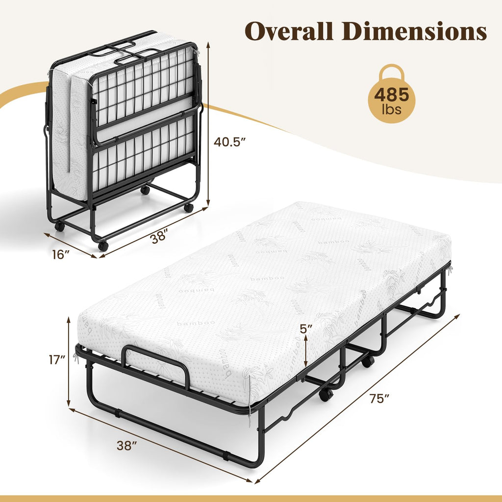 Folding Bed with 5-Inch Mattress, Twin Size Foldable Guest Bed with Metal Frame N795