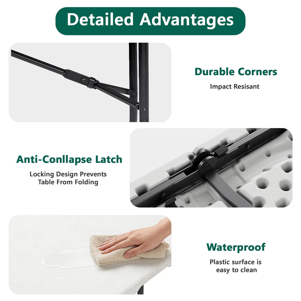 6FT Folding Table, Heavy Duty Plastic Utility Table with Handle, White, 2 Pack Q89985