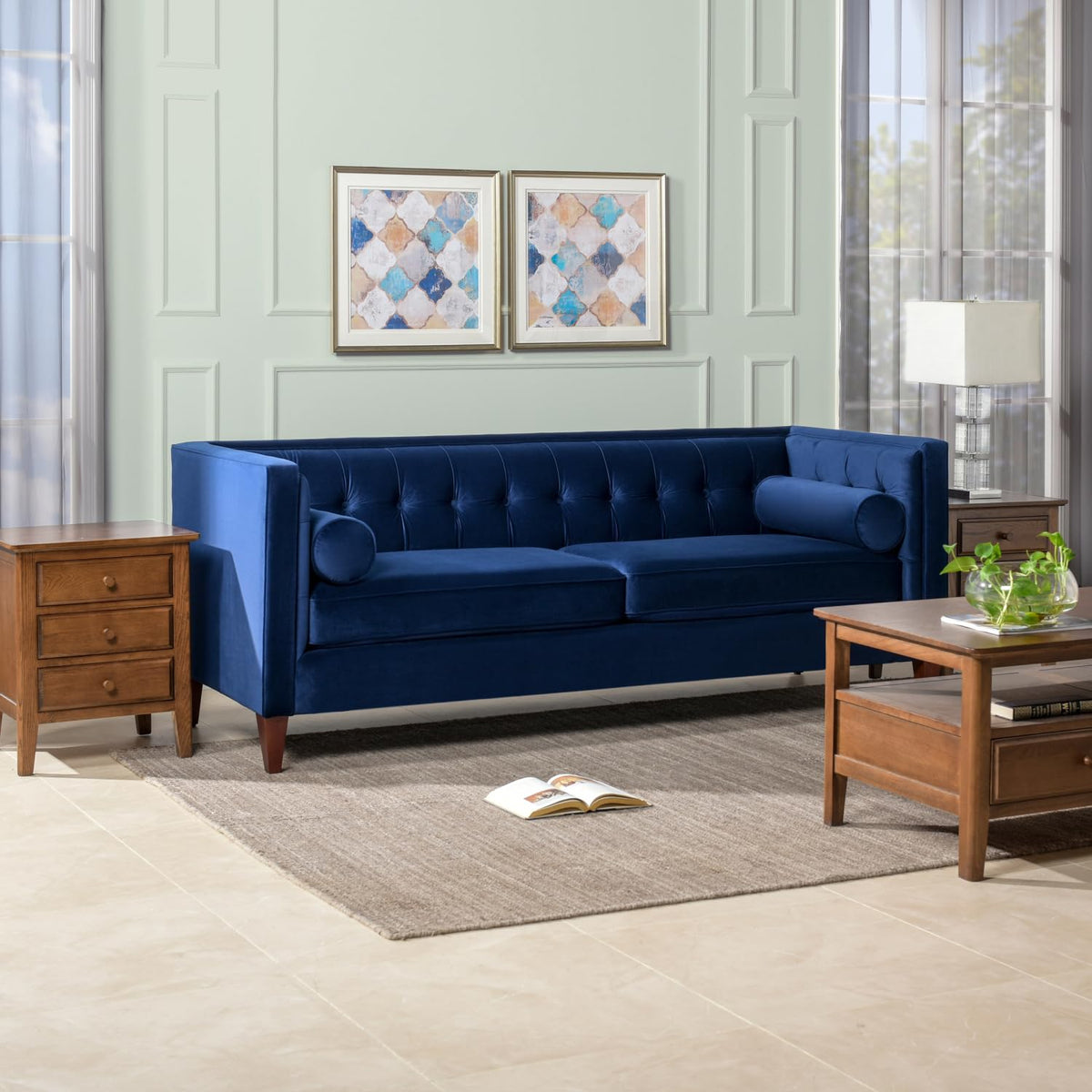 84" Tufted Navy Blue Velvet Sofa with Two Reversible Cushions Q64634