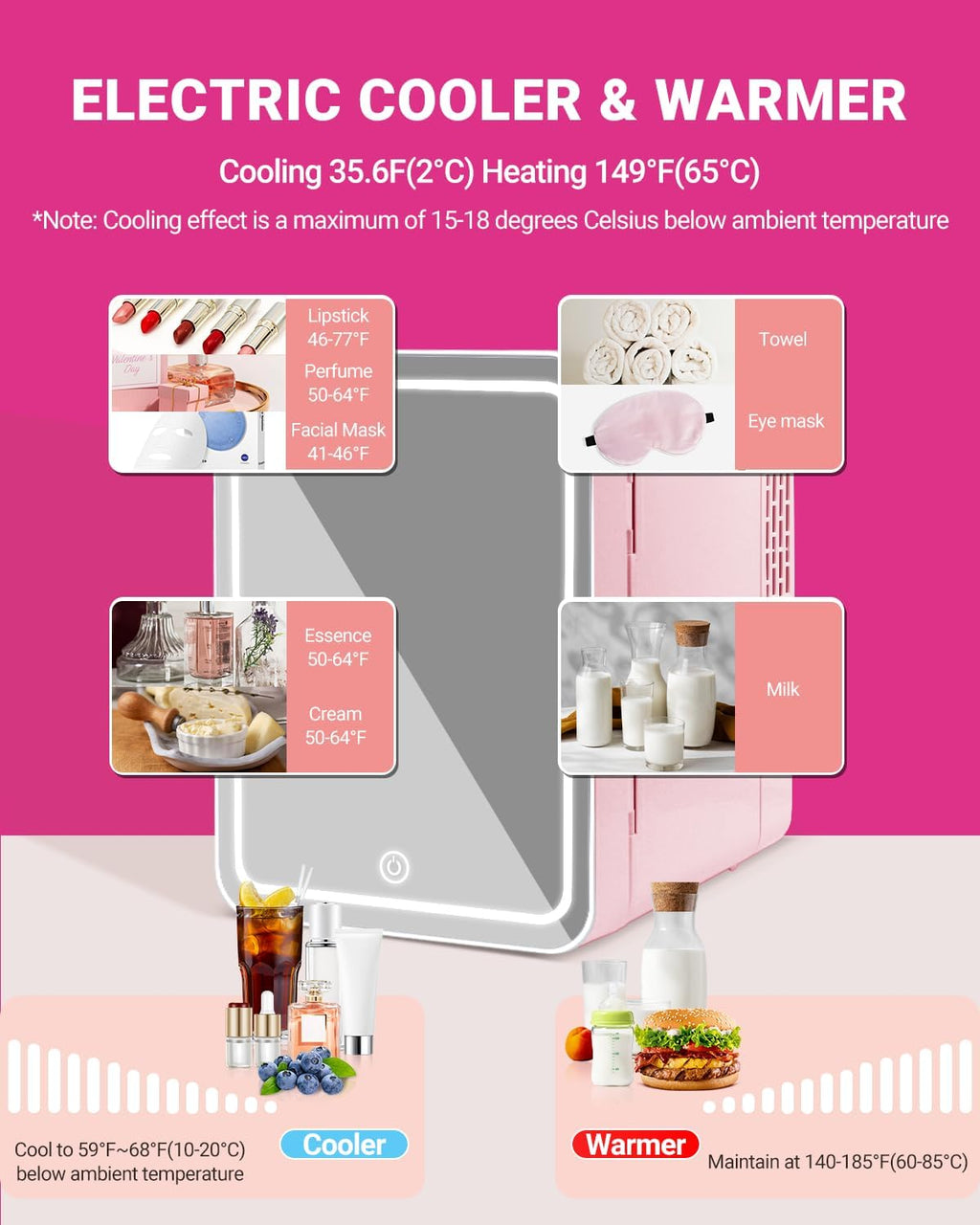 4-Liter Pink Portable Mini Fridge with Mirrored Door B6978