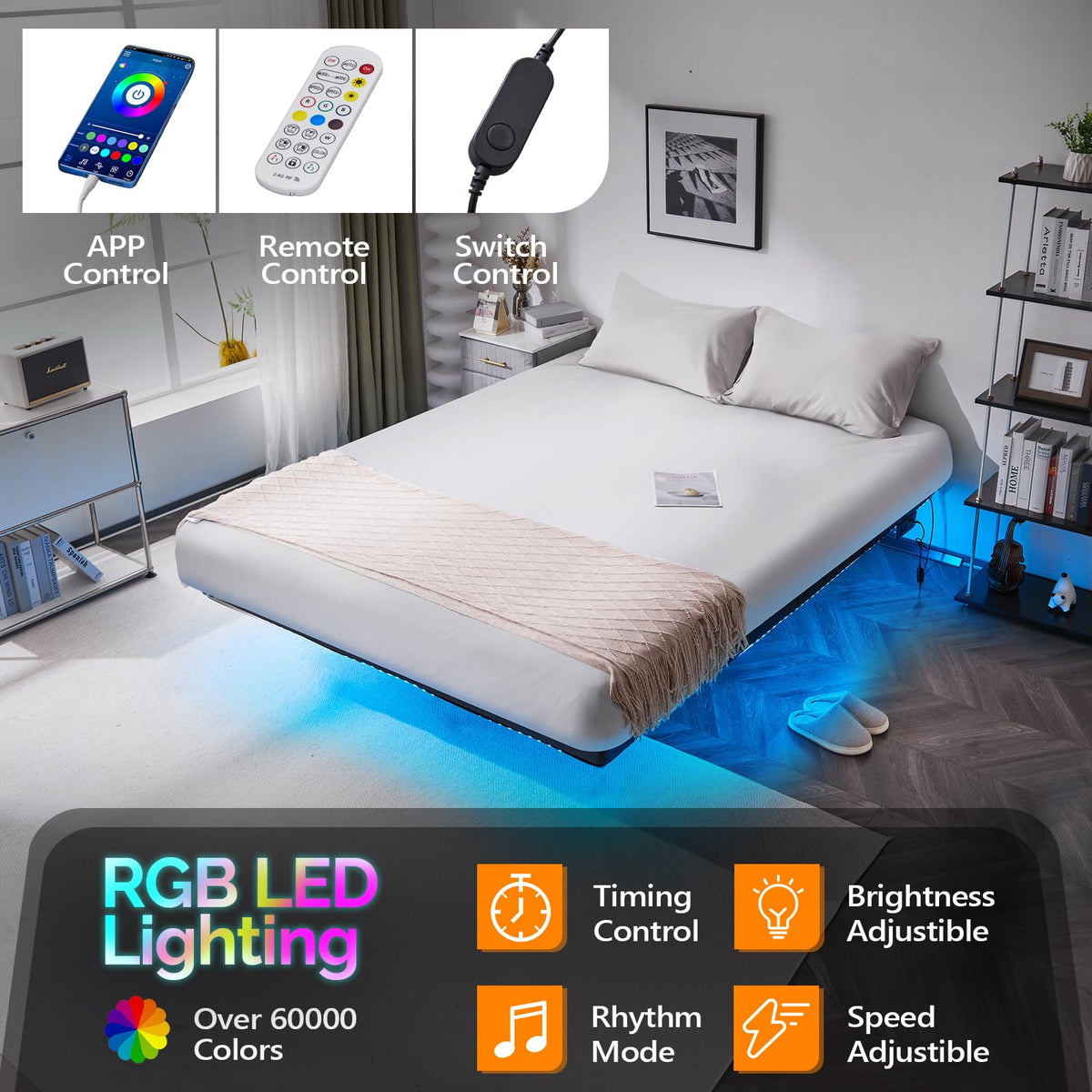 14 Inch Full Floating Bed Frame with USB Charging Station and LED Lights Q118473