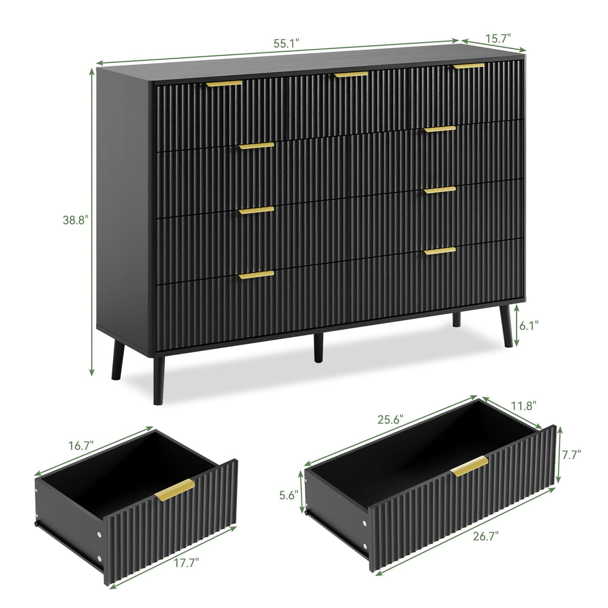 Black 9 Drawer Fluted Wood Dresser N273970
