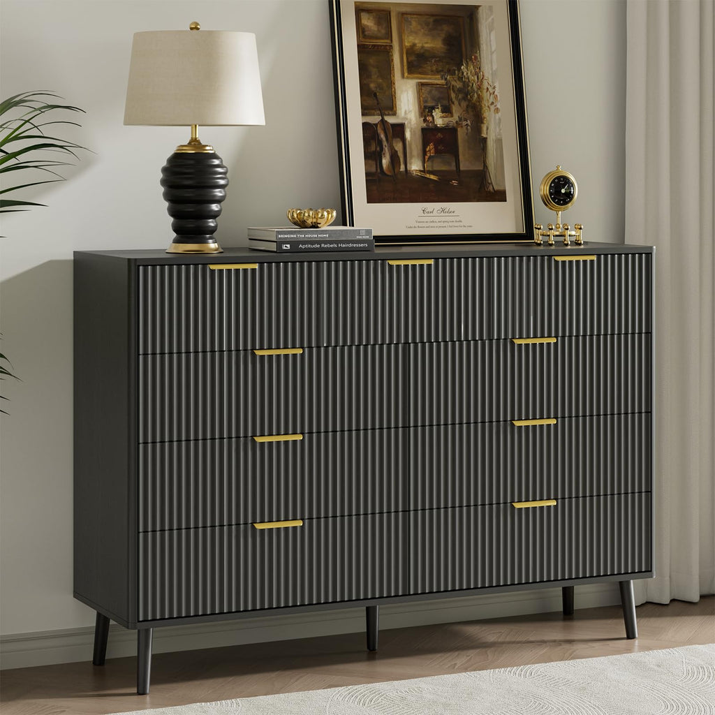 Black 9 Drawer Fluted Wood Dresser N273970