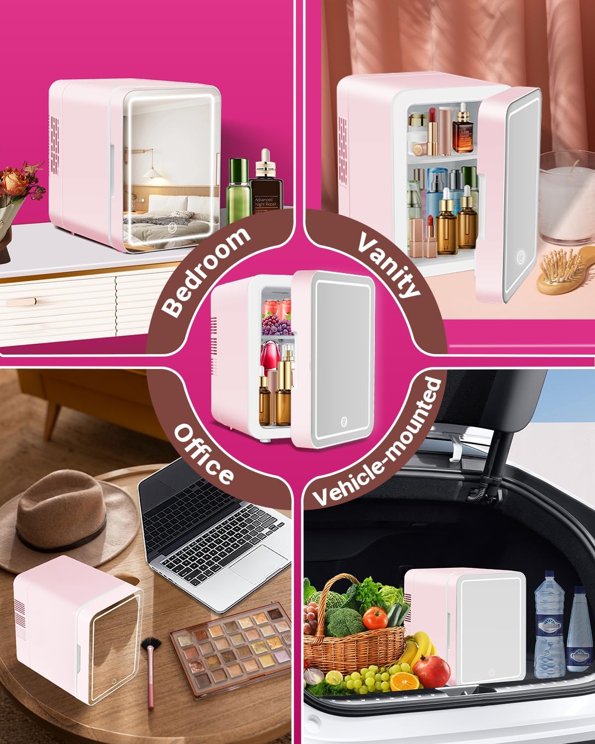4-Liter Pink Portable Mini Fridge with Mirrored Door B6978
