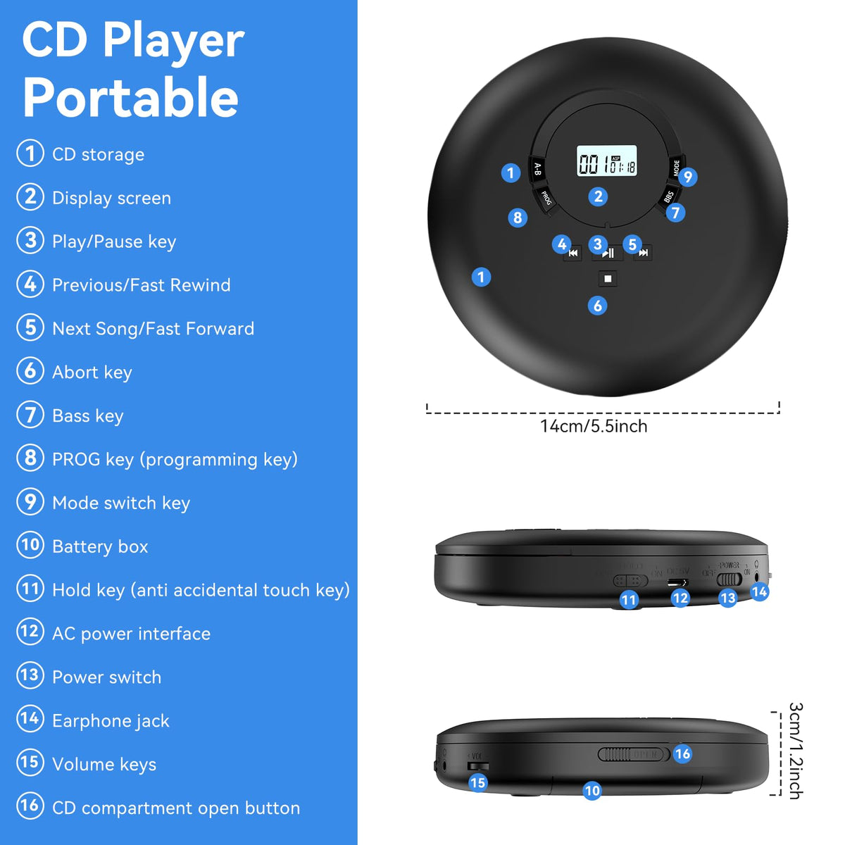 Portable CD Player with Headphones LCD Display Z9384