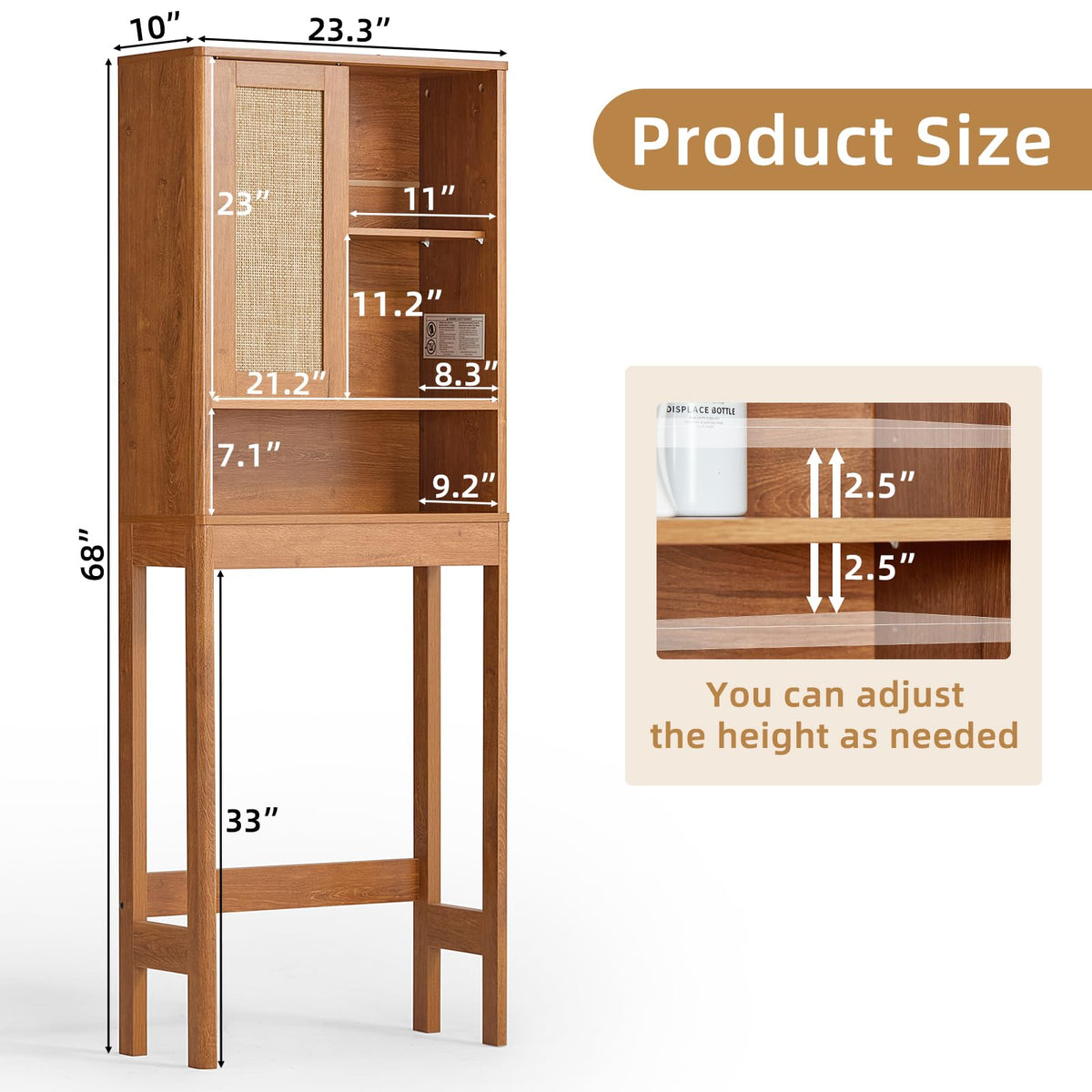 68" Over the Toilet Storage Cabinet with Rattan Sliding Door Y301