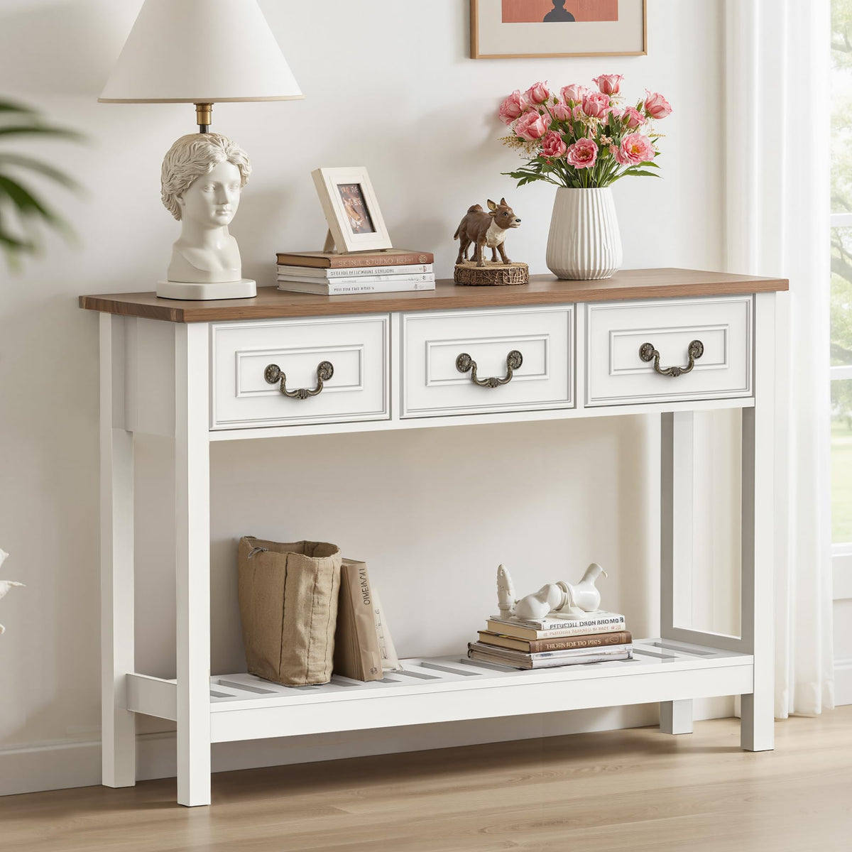 Black Oak Sofa Table with 3 Drawers K475803