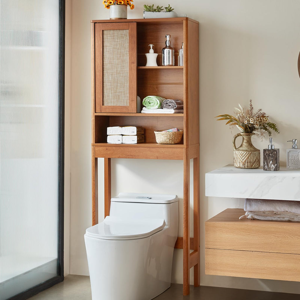 68" Over the Toilet Storage Cabinet with Rattan Sliding Door Y301