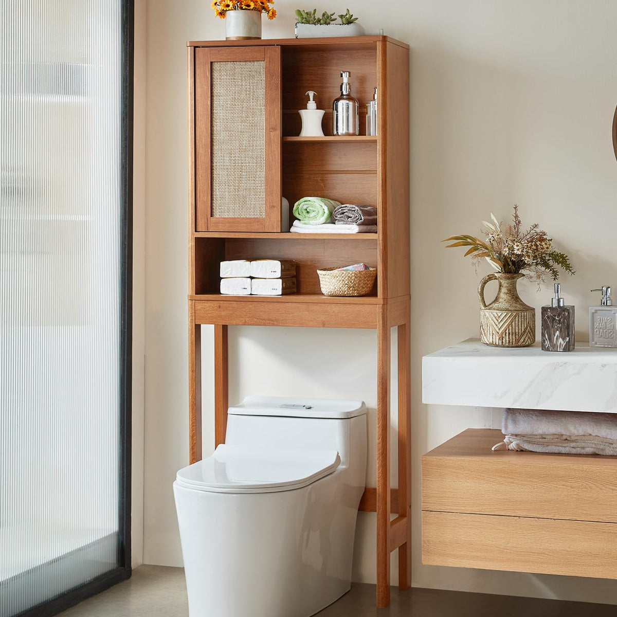 68" Over the Toilet Storage Cabinet with Rattan Sliding Door Y301