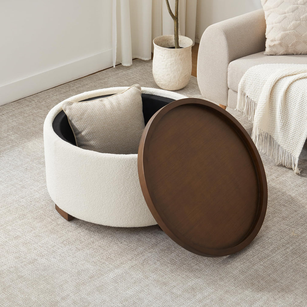 30 Inch Round Boucle Storage Ottoman P401154