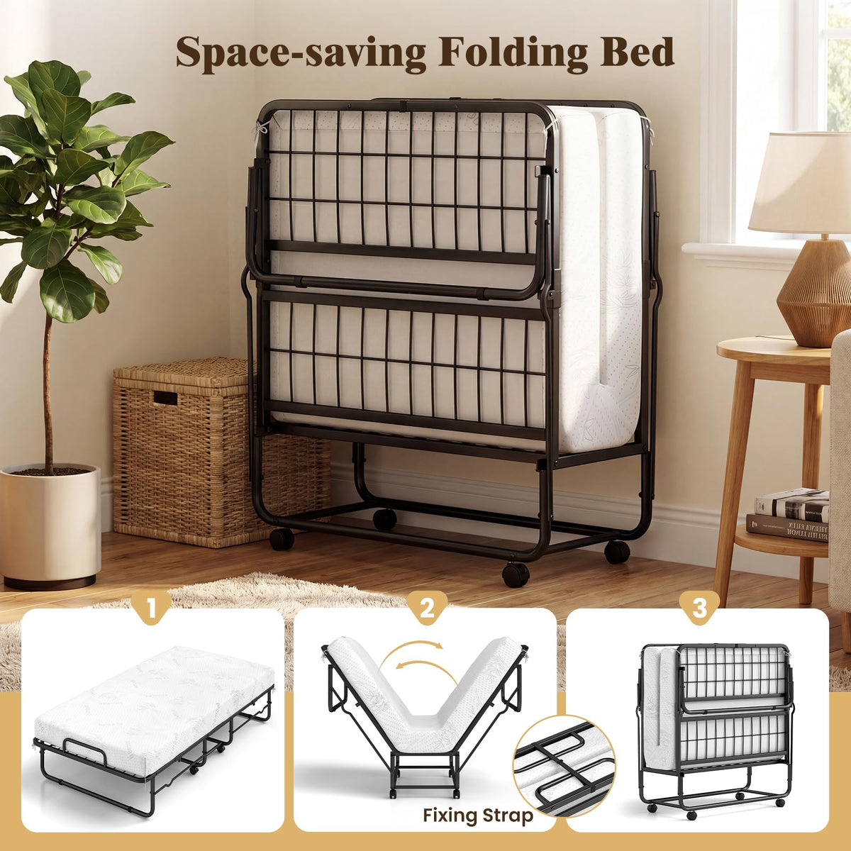 Folding Bed with 5-Inch Mattress, Twin Size Foldable Guest Bed with Metal Frame N795