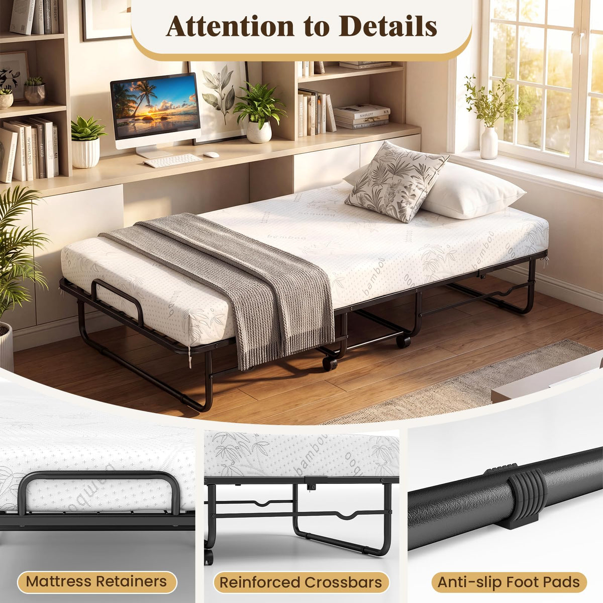 Folding Bed with 5-Inch Mattress, Twin Size Foldable Guest Bed with Metal Frame N795