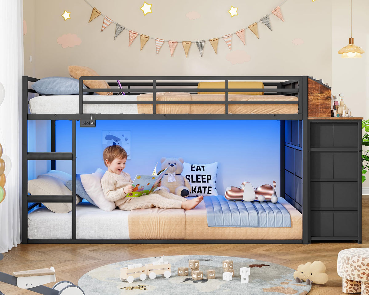 Twin Over Twin Metal Bunk Bed with Storage & LED Lights N248