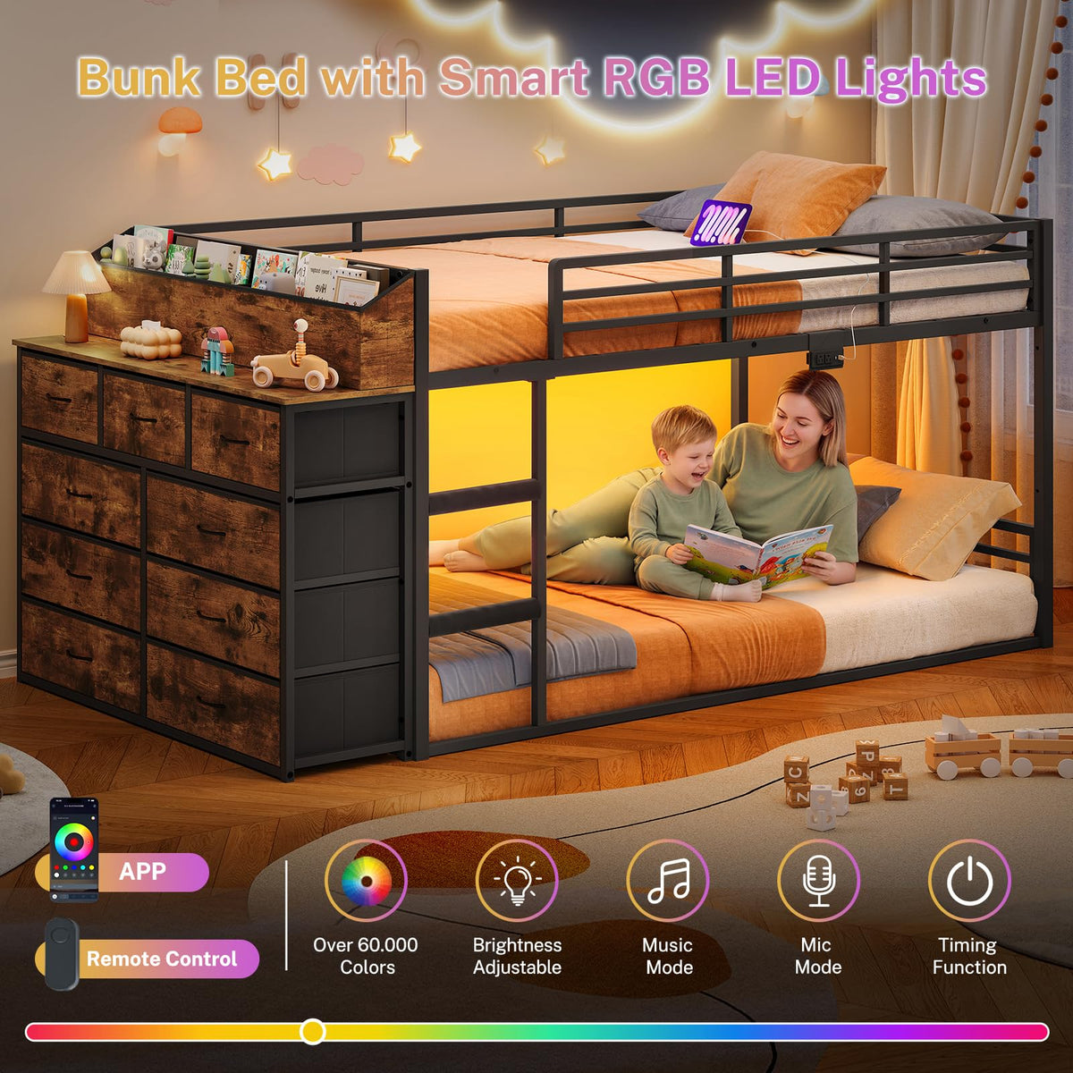 Twin Over Twin Metal Bunk Bed with Storage & LED Lights N248