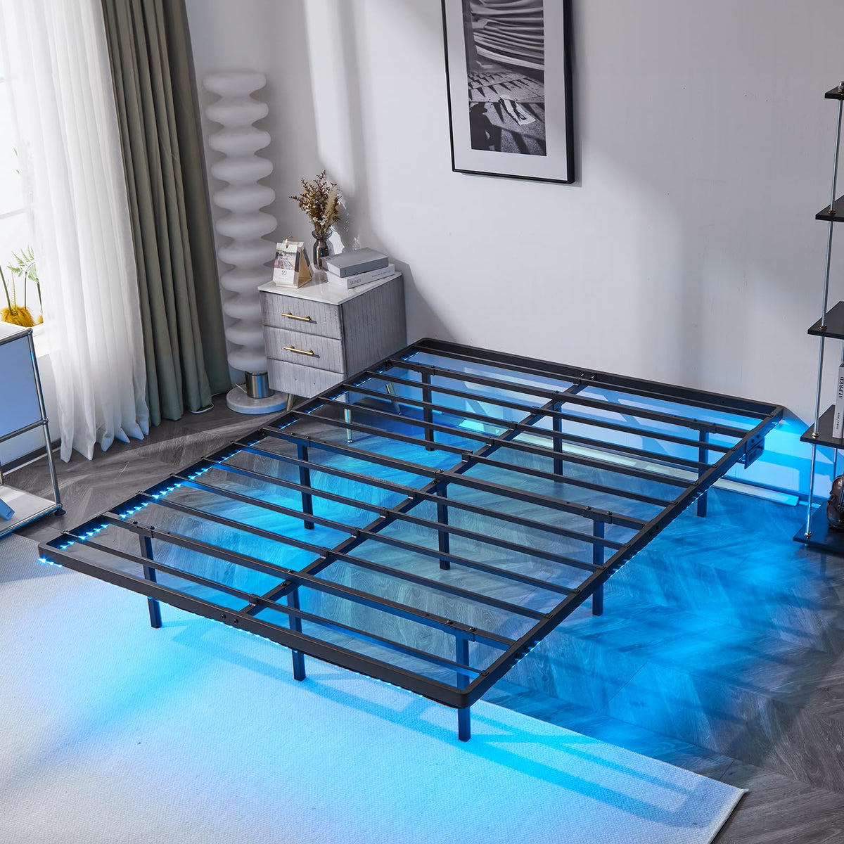 14 Inch Full Floating Bed Frame with USB Charging Station and LED Lights Q118473